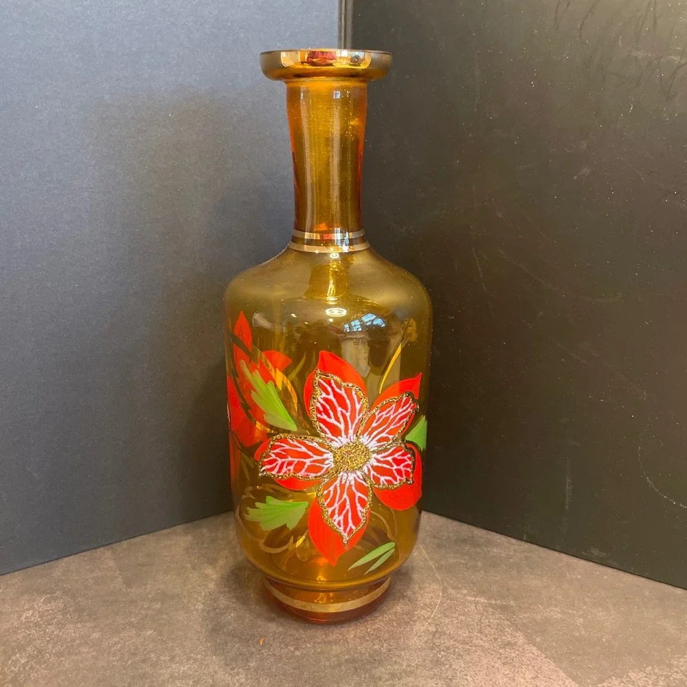 Amber Glass Red Flower‎ Decanter Green Leaf Glasses Vintage Barware Gold Trim